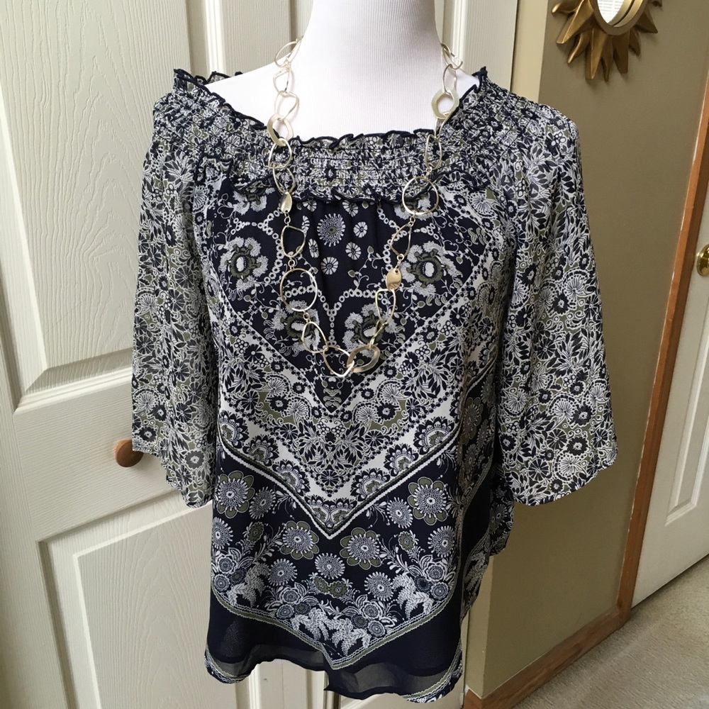 Over the Shoulder/Off the Shoulder Navy Blouse